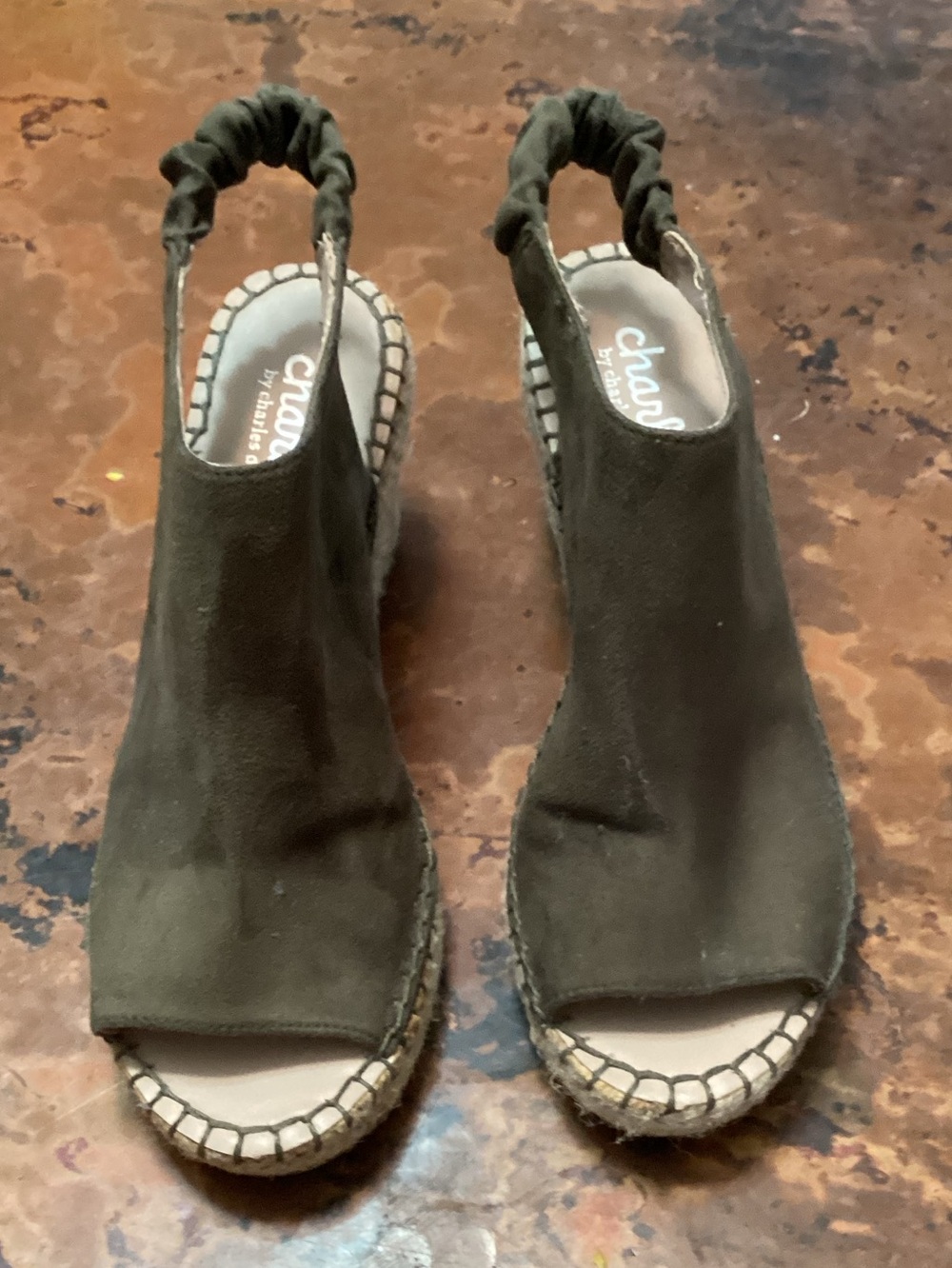 Charles David Olive Suede Open-Toe Espadrille Slingbacks